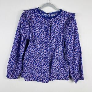 J. Crew Size Small Floral Long Sleeve Ruffle Shoulder Top Blue 100% Cotton BF820